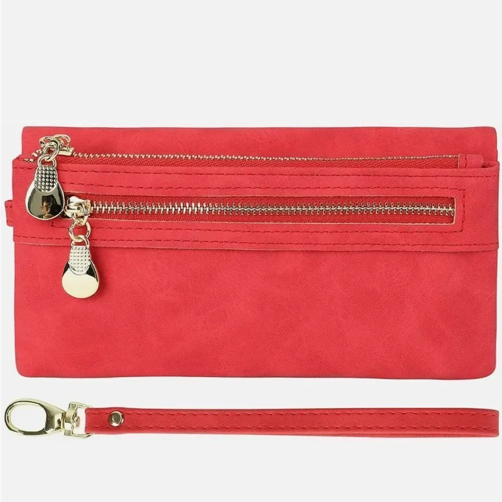 Red Women PU Leather Clutch Wallet Zipper Long Purse Card Holder Phone Handbag